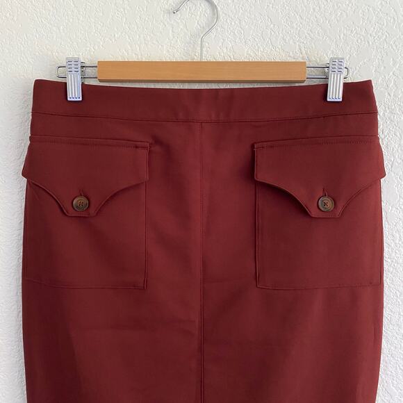 Express High-Waisted Pencil Skirt Red Rust Button Pocket Back Slit Size 8 NWT - Picture 3 of 11